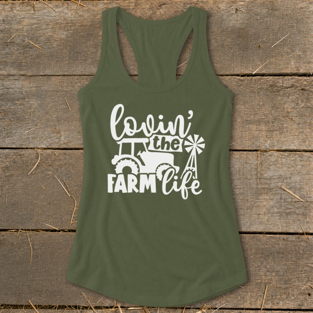 Olive green tank top with "lovin' the FARM life" graphic and tractor.