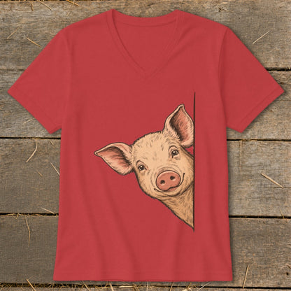Red v-neck t-shirt with a peeking pig graphic.