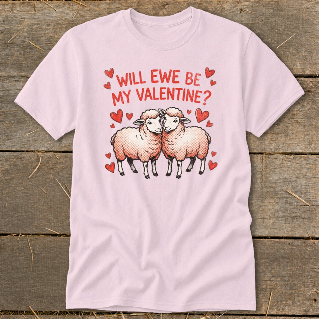 Pink t-shirt with two sheep and text "Will Ewe Be My Valentine?".