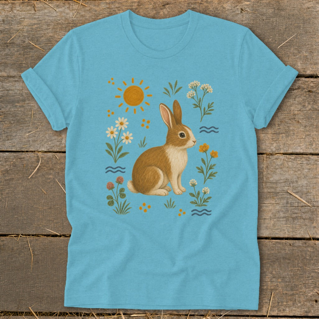 Blue t-shirt with a brown rabbit surrounded by flowers, sun, and water waves.