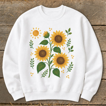 White sweatshirt with a cheerful sunflower and sun graphic design.