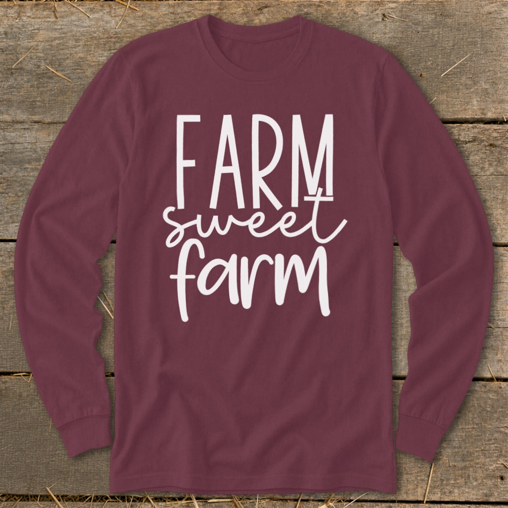 Maroon long-sleeve shirt with "FARM sweet farm" in white lettering.