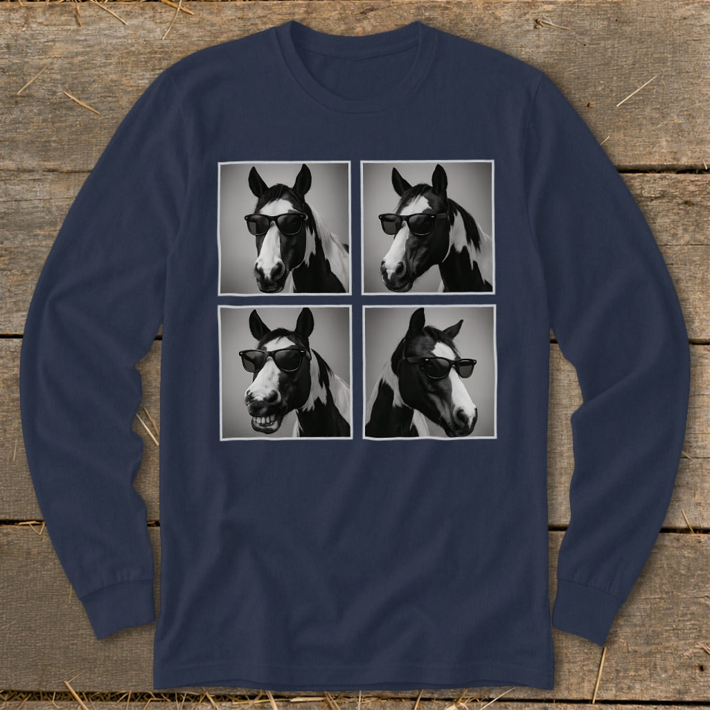 Four black and white portraits of a paint horse wearing sunglasses.