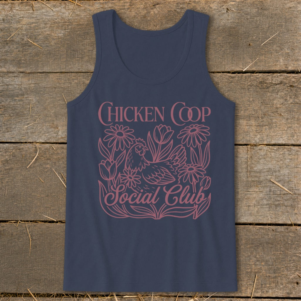 Navy tank top with "Chicken Coop Social Club" text and chicken and floral graphic.