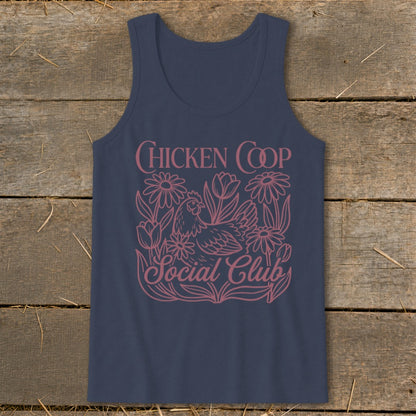 Navy tank top with "Chicken Coop Social Club" text and chicken and floral graphic.