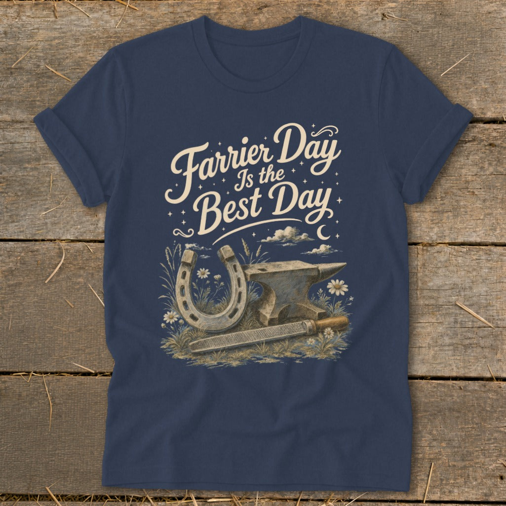 Dark blue t-shirt with text "Farrier Day Is the Best Day" and blacksmithing tools.
