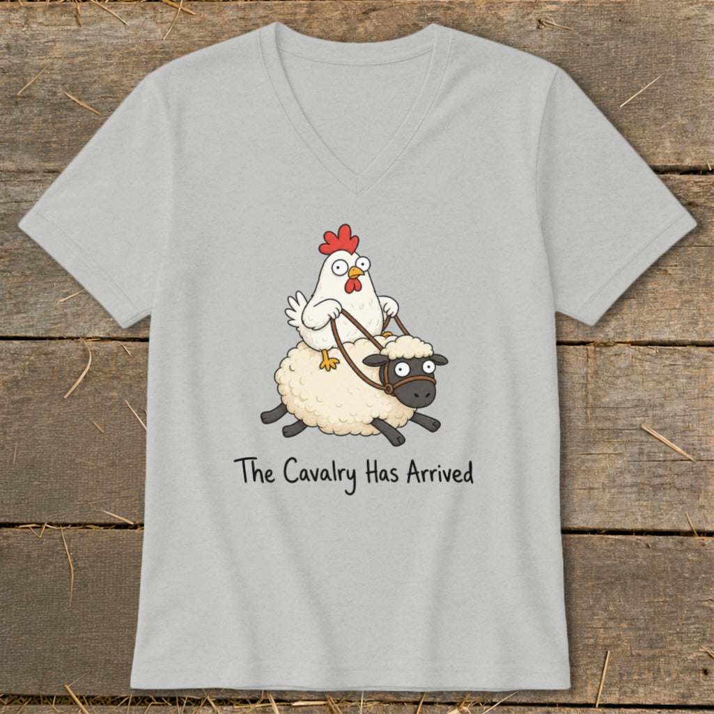 Gray t-shirt with cartoon chicken riding a sheep, text "The Cavalry Has Arrived".