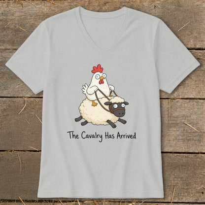Gray t-shirt with cartoon chicken riding a sheep, text "The Cavalry Has Arrived".