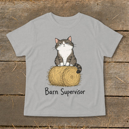 Grumpy cat sits on hay bale with text "Barn Supervisor" below.