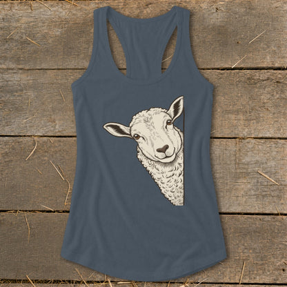 Dark blue tank top with illustration of a sheep peeking from the side.