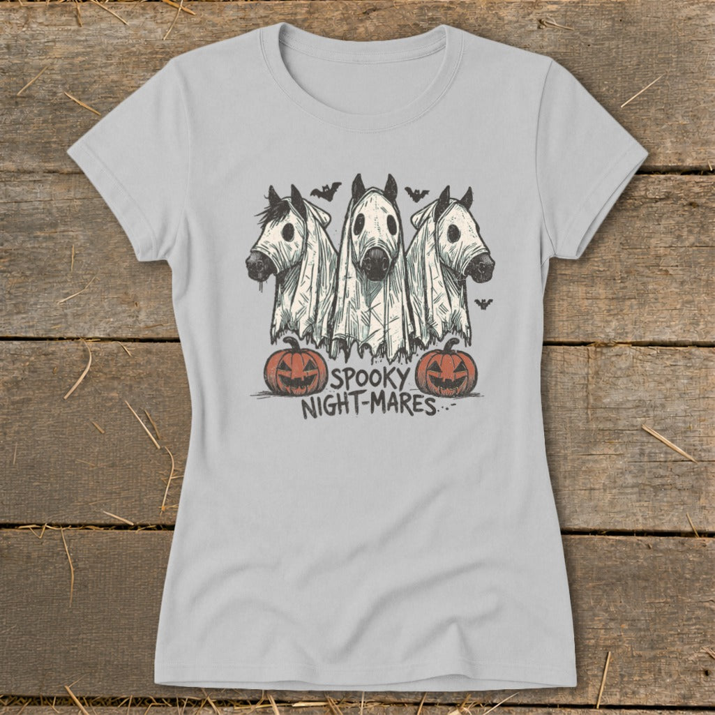 Light gray t-shirt featuring a spooky graphic of three horses dressed as ghosts with jack-o'-lanterns.