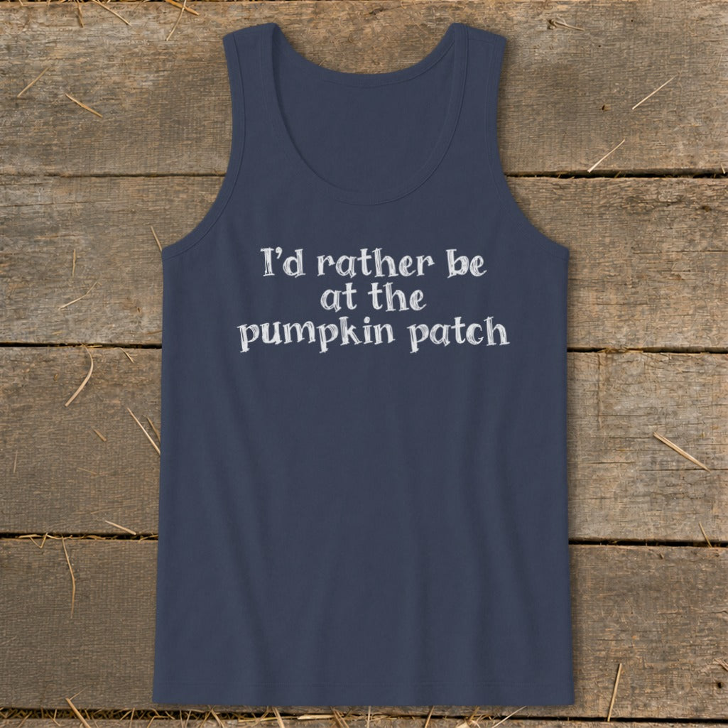 Navy tank top with white text that reads "I'd rather be at the pumpkin patch".