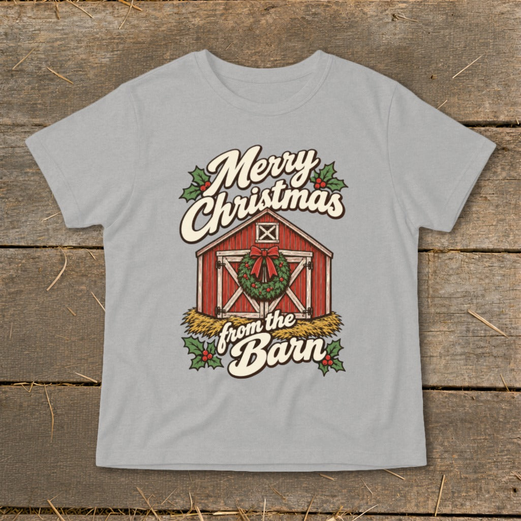Merry Christmas from the Barn text and barn graphic on a light gray t-shirt.