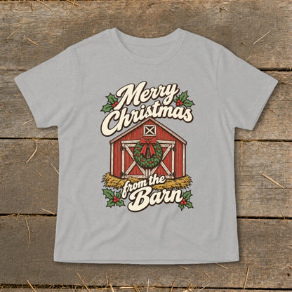 Merry Christmas from the Barn text and barn graphic on a light gray t-shirt.