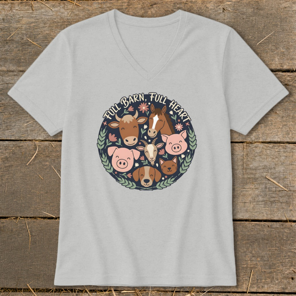 T-shirt with cartoon farm animals and text "FULL BARN, FULL HEART" in a circle.