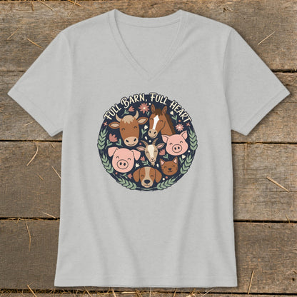T-shirt with cartoon farm animals and text "FULL BARN, FULL HEART" in a circle.
