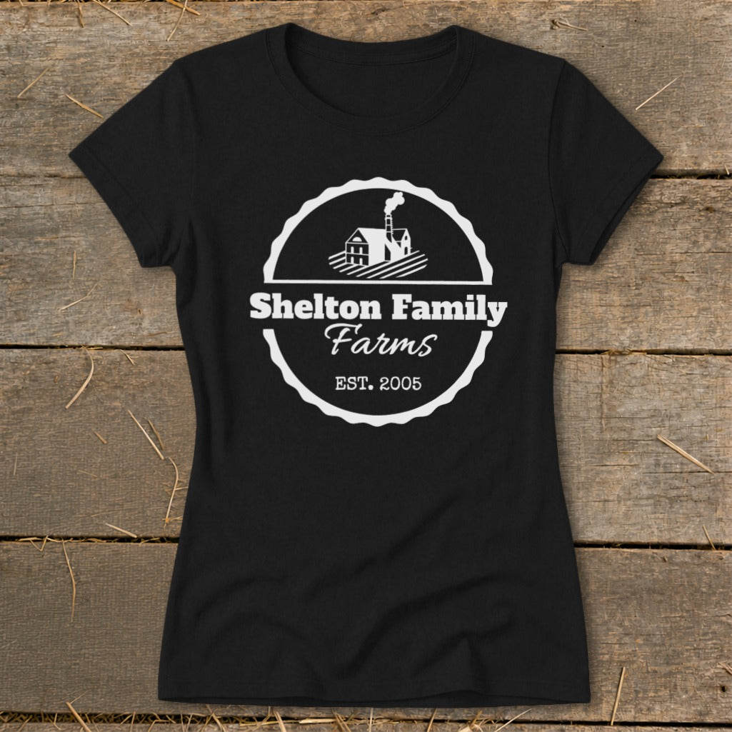 Black t-shirt with white Shelton Family Farms logo and "EST. 2005".