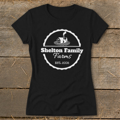 Black t-shirt with white Shelton Family Farms logo and "EST. 2005".