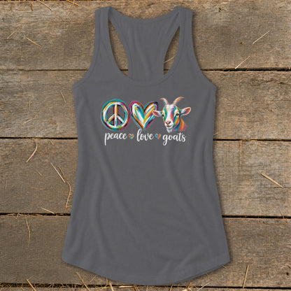 Gray tank top with "peace love goats" graphic and colorful goat illustration.
