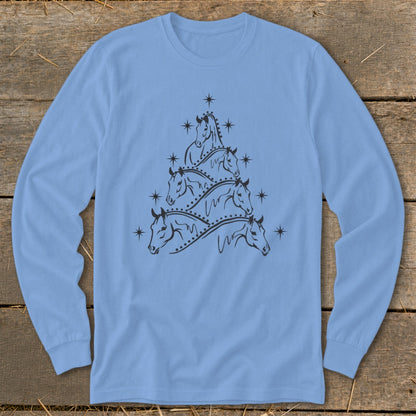 Light blue long-sleeve shirt with a black line drawing of horses forming a Christmas tree shape.