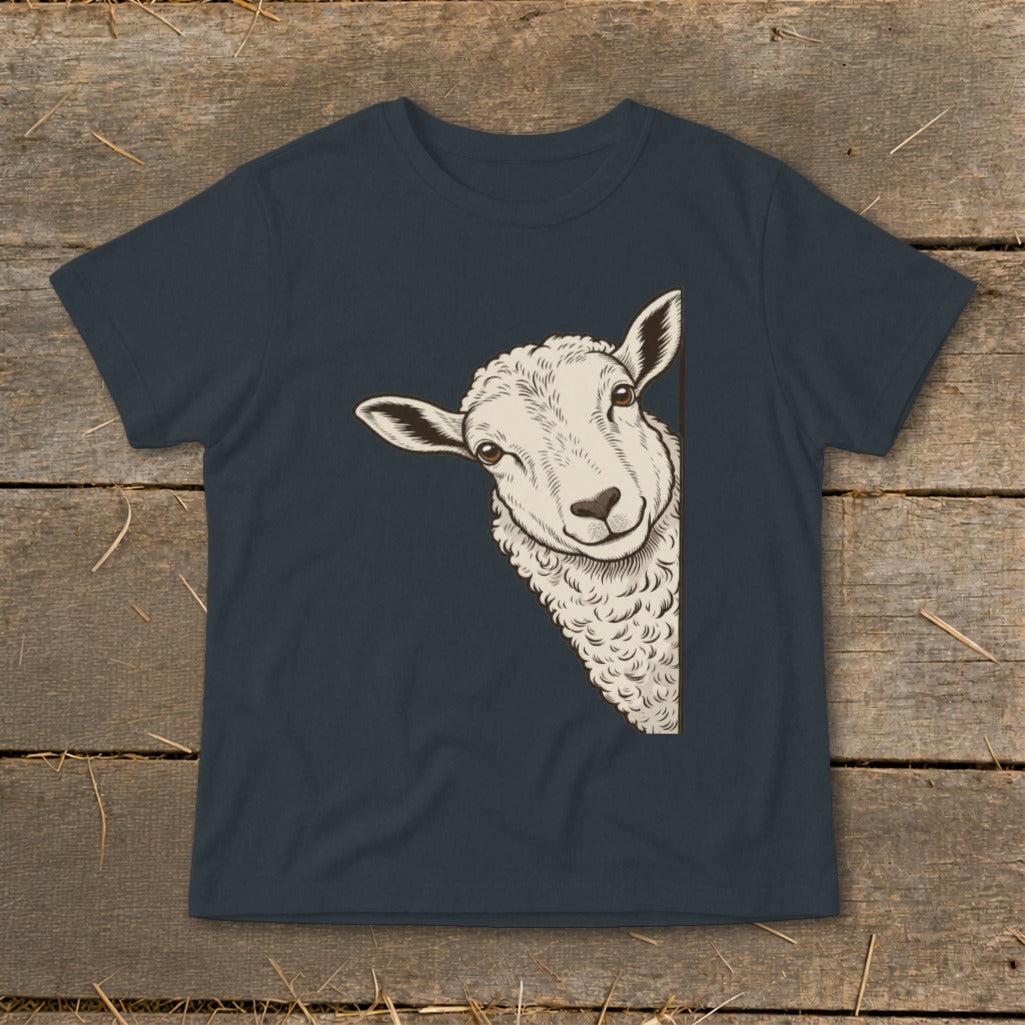 Dark t-shirt with a sheep peeking around the side, sketch style.