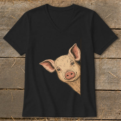Black t-shirt with a drawing of a smiling pig peeking from the side.