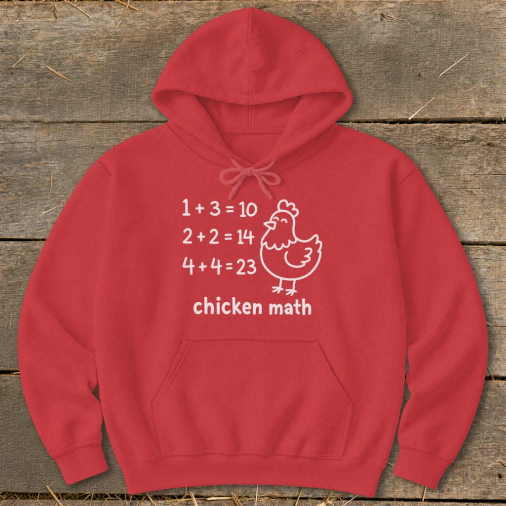 Red hoodie with white text and a chicken graphic: "chicken math" with equations.