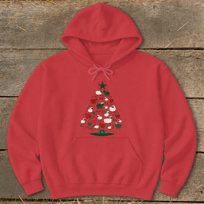 Red hoodie with a Christmas tree made of sheep and stars design.