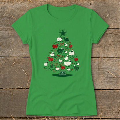 Green t-shirt with a Christmas tree made of sheep and a star.