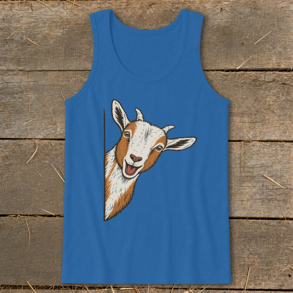 Blue tank top with a drawing of a curious goat peeking around a corner.