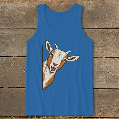Blue tank top with a drawing of a curious goat peeking around a corner.