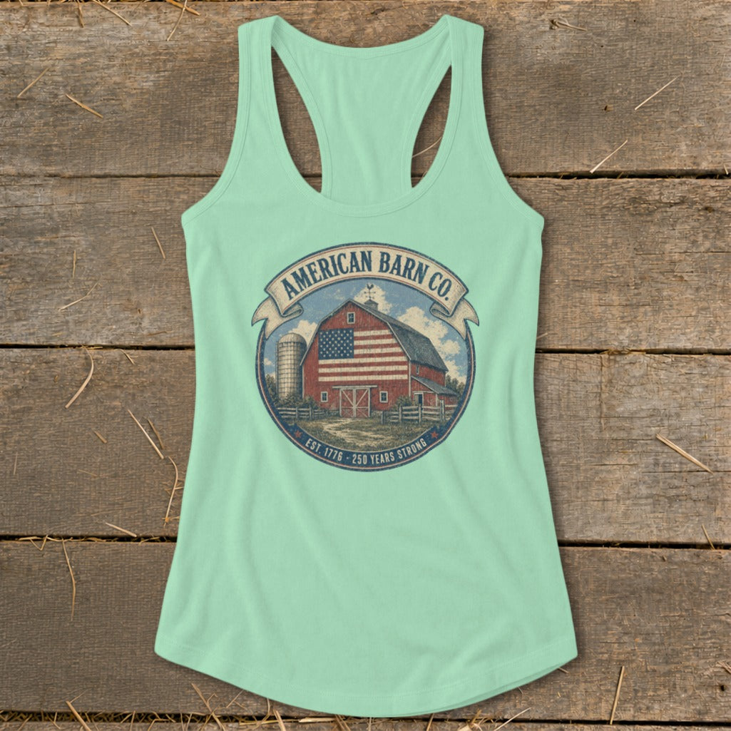 Mint green tank top with a circular American barn graphic and text.