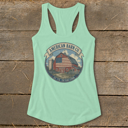 Mint green tank top with a circular American barn graphic and text.