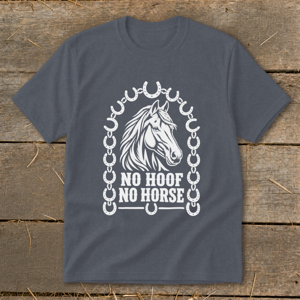Dark gray t-shirt with white horse head, horseshoe chain border, and text "NO HOOF NO HORSE".
