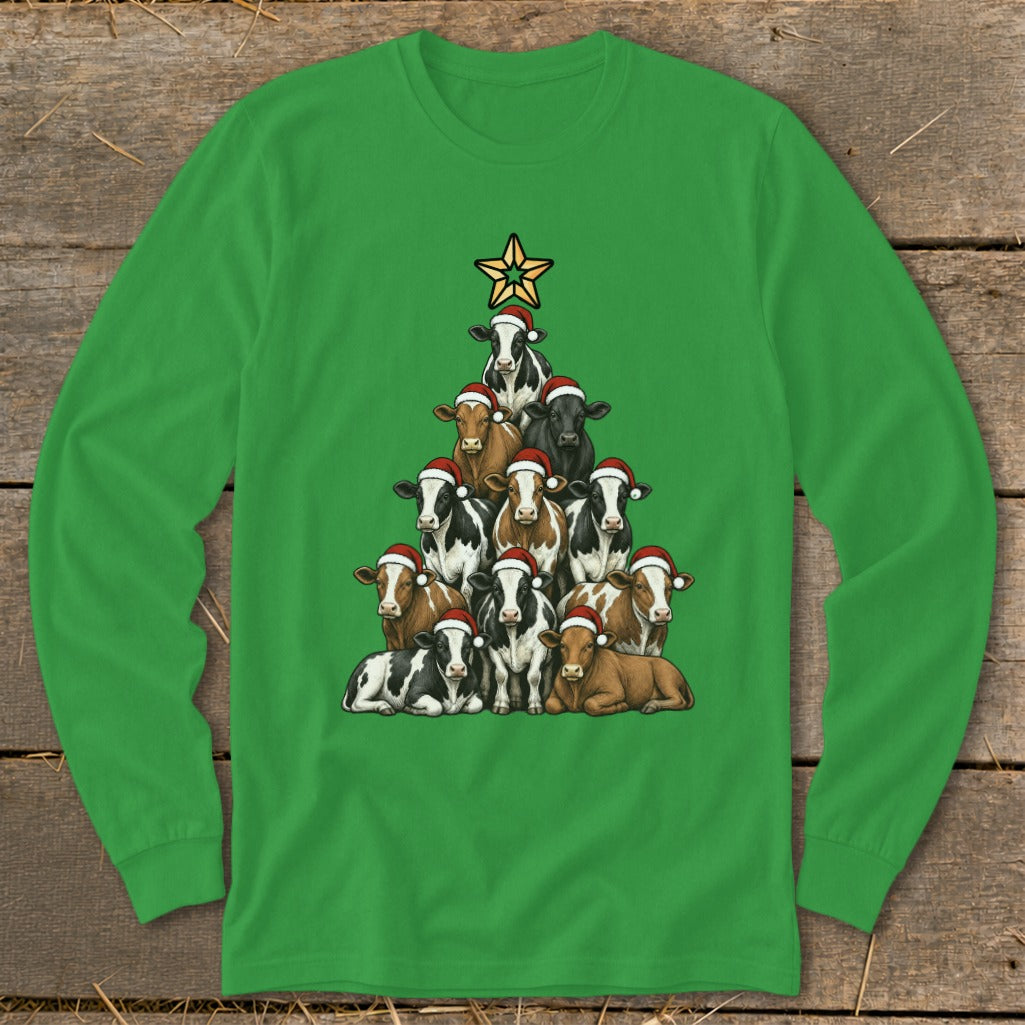 Green long-sleeve shirt with a Christmas tree made of cows wearing Santa hats.