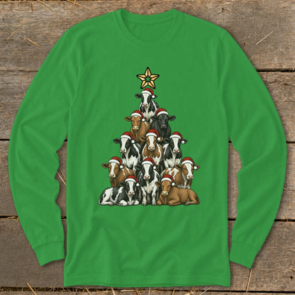 Green long-sleeve shirt with a Christmas tree made of cows wearing Santa hats.