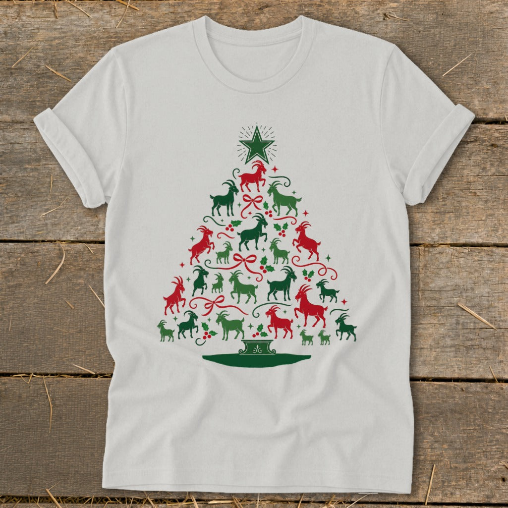 White t-shirt with a Christmas tree made of red and green goats and bows.