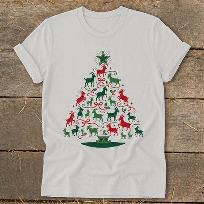White t-shirt with a Christmas tree made of red and green goats and bows.
