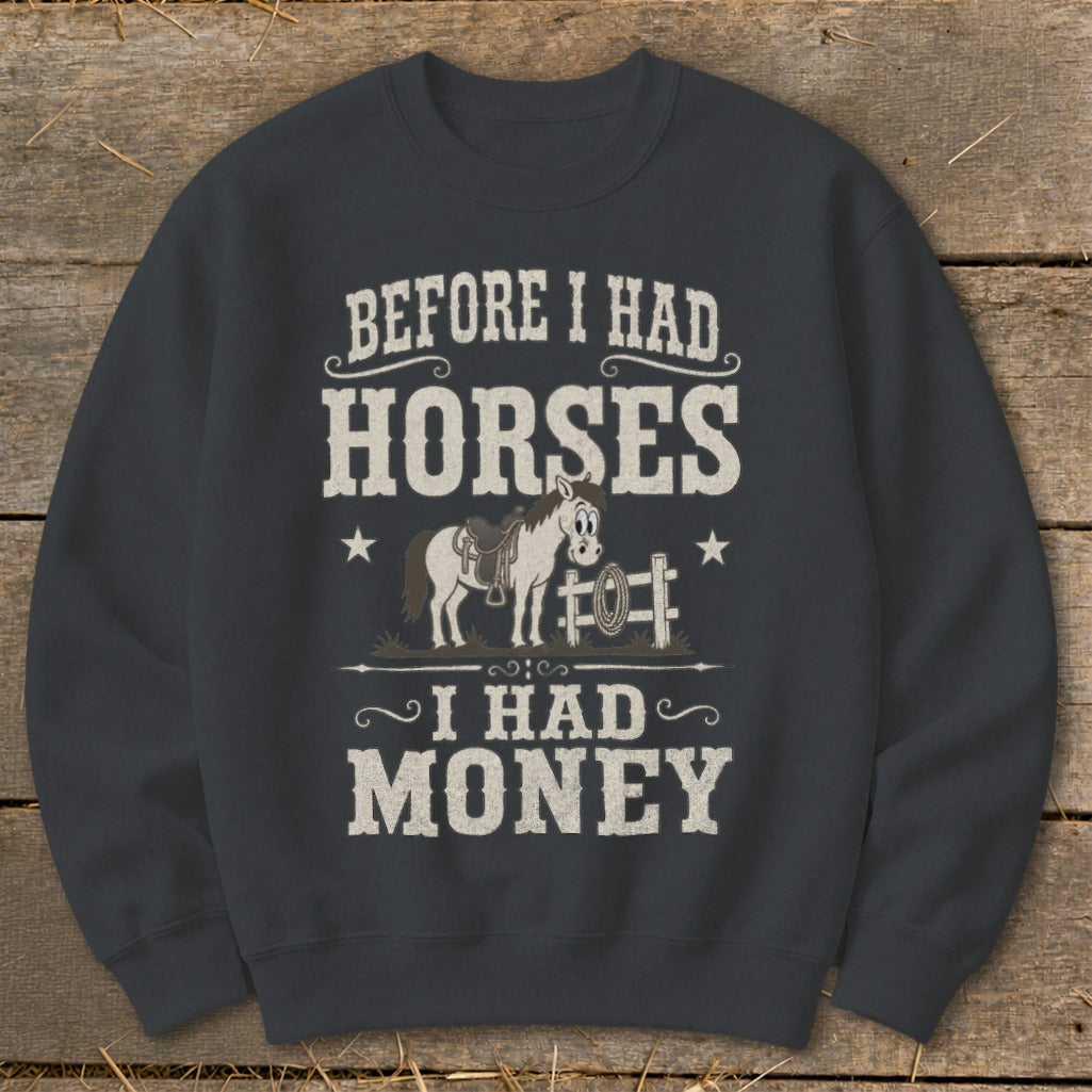 Dark gray sweatshirt with "Before I Had Horses I Had Money" text and cartoon horse.
