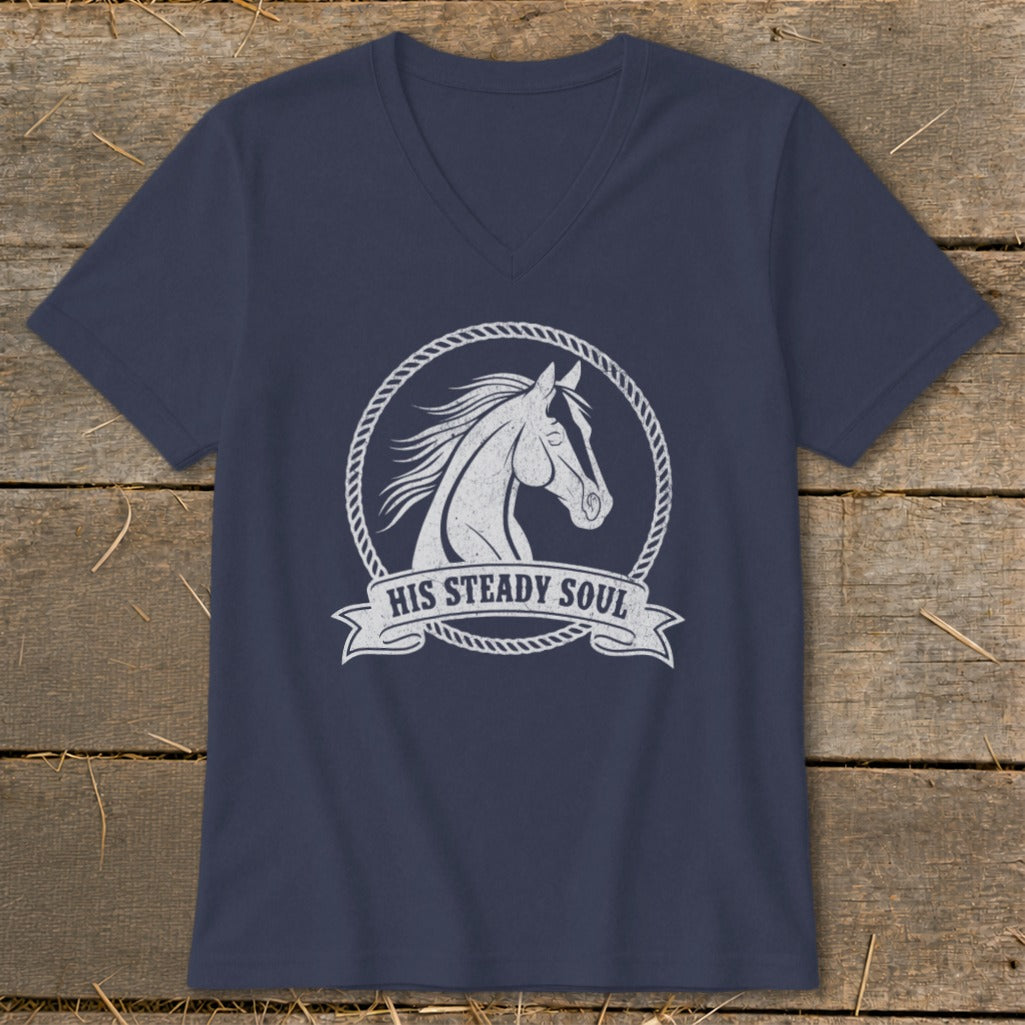 Navy v-neck t-shirt with a white graphic of a horse's head in a rope circle and "HIS STEADY SOUL" text.
