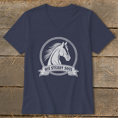 Navy v-neck t-shirt with a white graphic of a horse's head in a rope circle and "HIS STEADY SOUL" text.