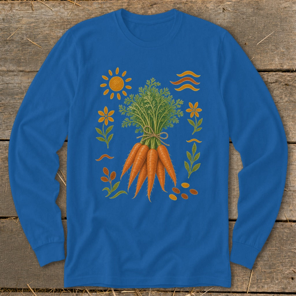 Blue long sleeve shirt featuring a bunch of carrots with sun, flowers, and wavy lines.