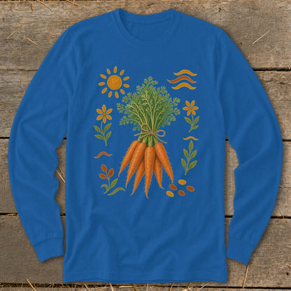 Blue long sleeve shirt featuring a bunch of carrots with sun, flowers, and wavy lines.