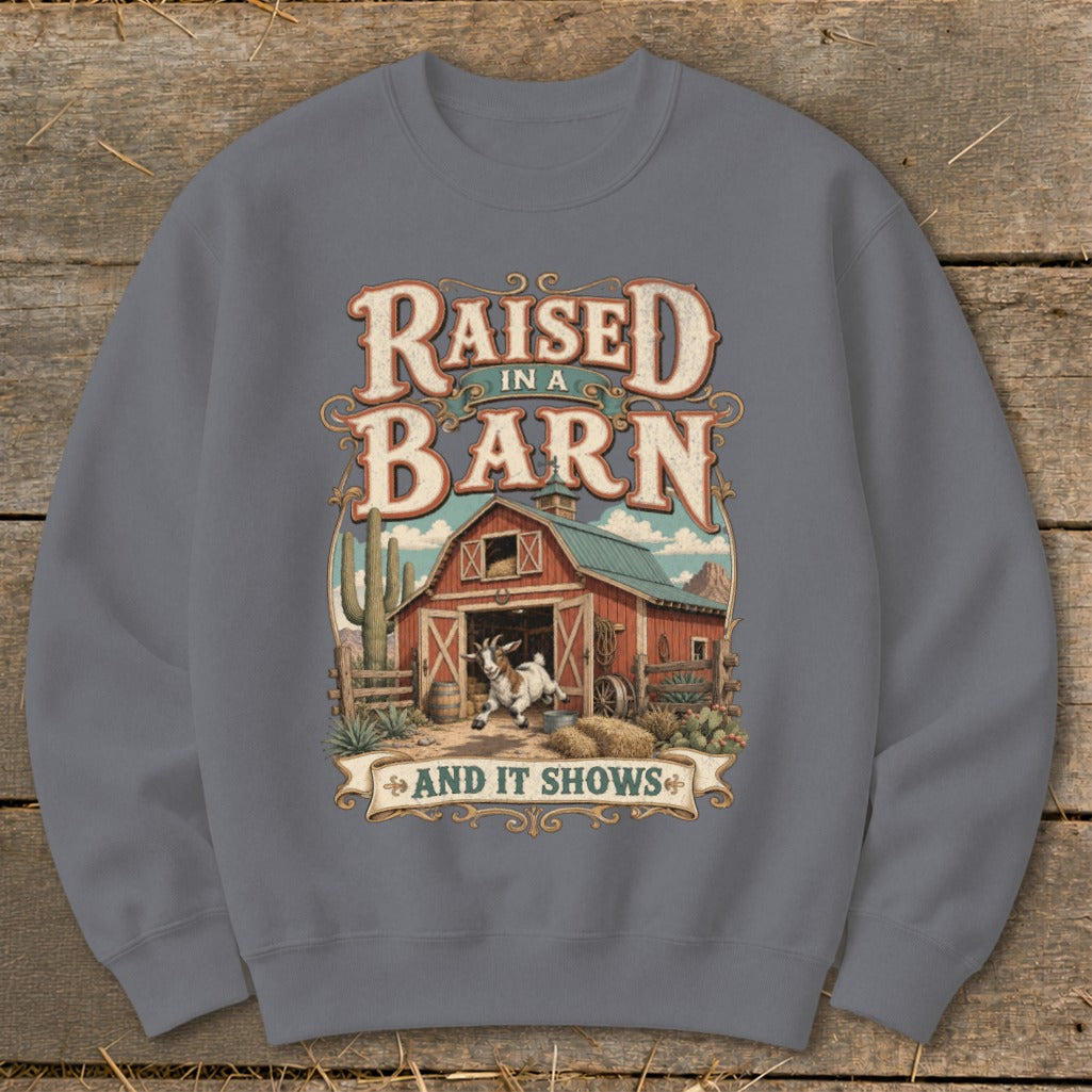 Raised in a Barn And It Shows graphic with a goat and red barn.