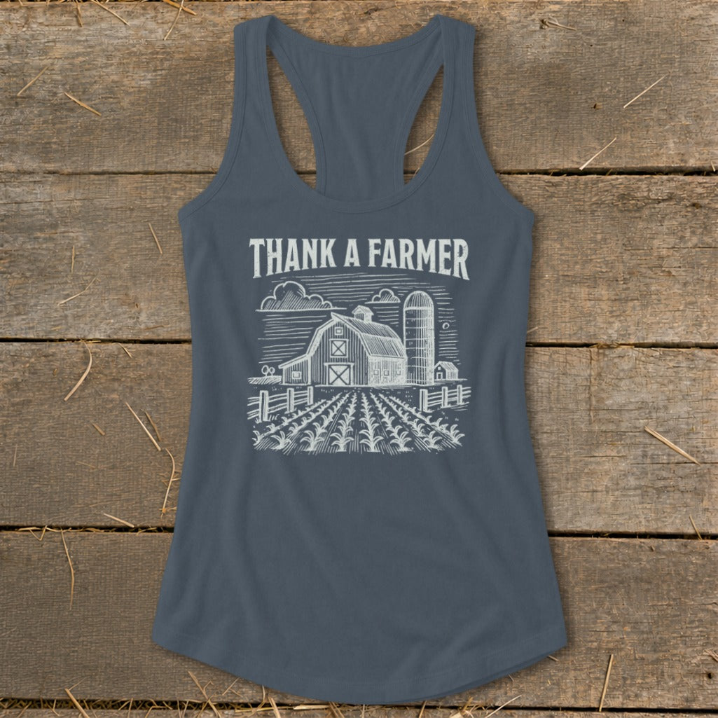Tank top with "Thank A Farmer" text and farm scene graphic.