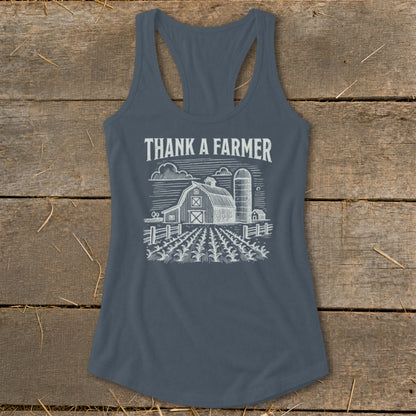 Tank top with "Thank A Farmer" text and farm scene graphic.