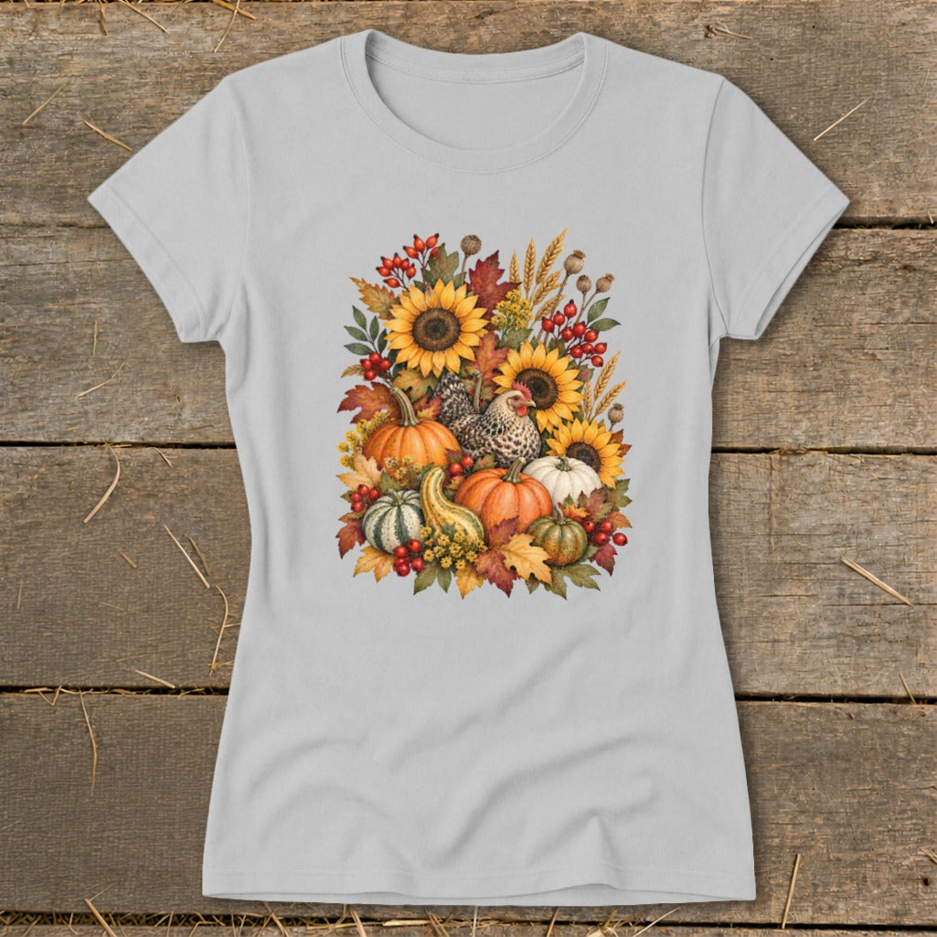 Light gray t-shirt with a watercolor fall harvest design featuring pumpkins, sunflowers, and chickens.