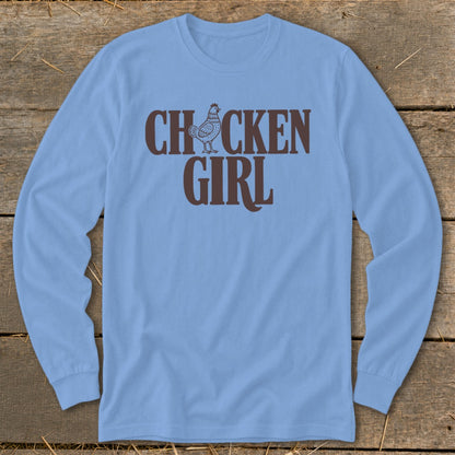 Light blue long-sleeve shirt with brown "CHICKEN GIRL" text and a chicken graphic.