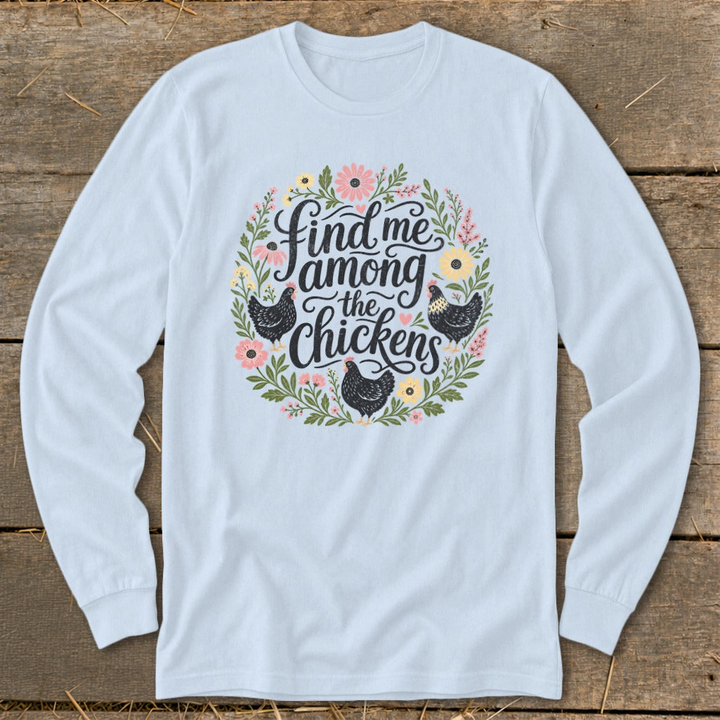 Light blue long-sleeve shirt with floral wreath and chickens design.