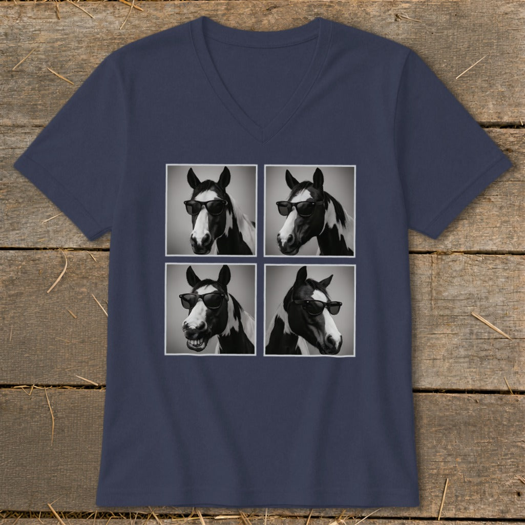 Four black and white images of a horse wearing sunglasses on a navy blue t-shirt.